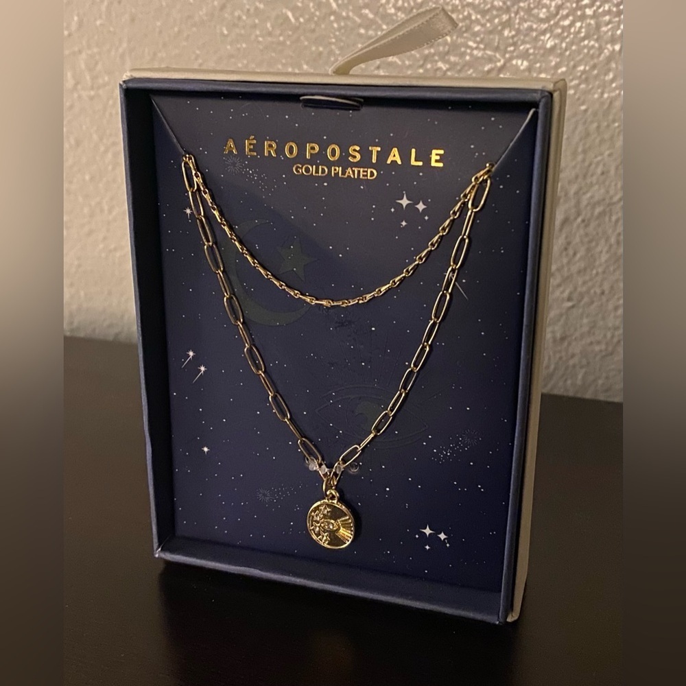 Aeropostale Gold Plated Celestial Zodiac Double Chain Pendant Necklace NWT - Picture 2 of 3
